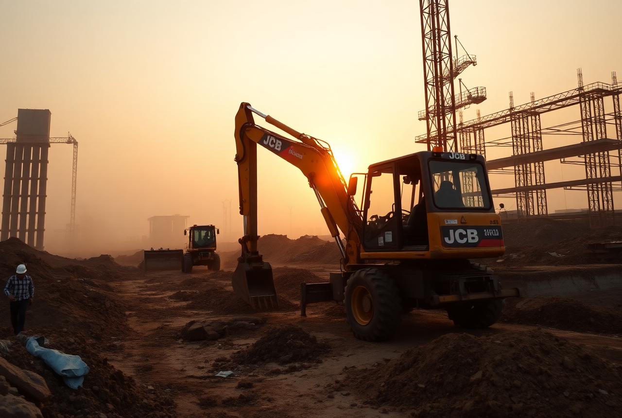 Excavator and JCB machinery working on an Indian industrial construction site at sunset